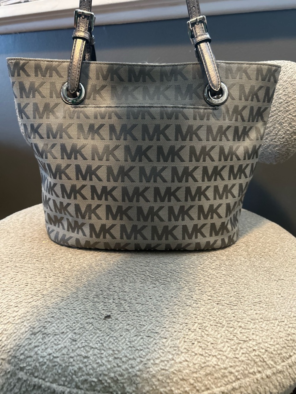 Michael Kors Gray MK Logo Canvas Tote with Black Leather Straps - Picture 3 of 5